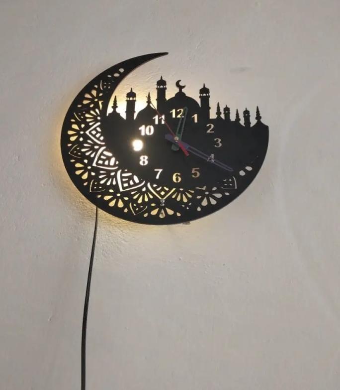 3D Islamic Crescent Moon Wall Clock with LED Backlight | Ramadan & Eid Mosque Wall Art
