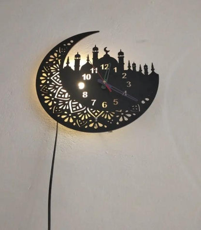 3D Islamic Crescent Moon Wall Clock with LED Backlight | Ramadan & Eid Mosque Wall Art