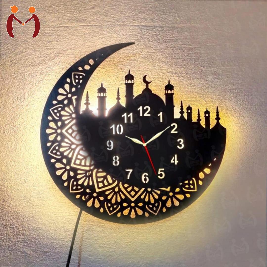 3D Islamic Crescent Moon Wall Clock with LED Backlight | Ramadan & Eid Mosque Wall Art