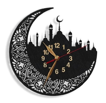 3D Islamic Crescent Moon Wall Clock with LED Backlight | Ramadan & Eid Mosque Wall Art