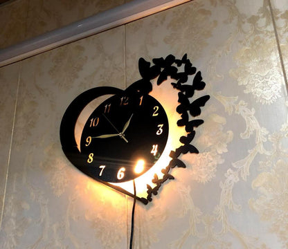 Butterfly Heart LED Wall Clock – Modern Silent Decorative Wall Clock with Warm LED Backlight