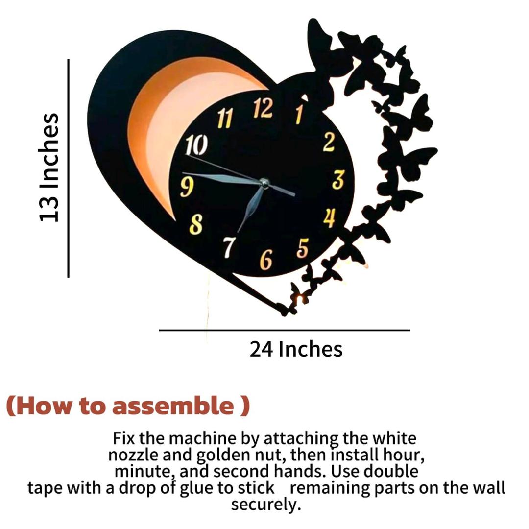 Butterfly Heart LED Wall Clock – Modern Silent Decorative Wall Clock with Warm LED Backlight