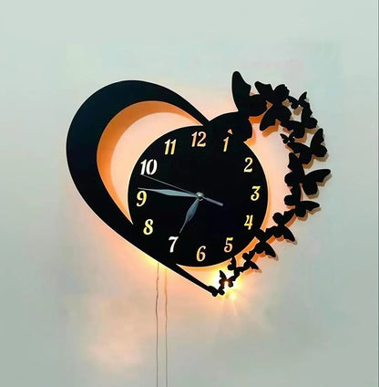Butterfly Heart LED Wall Clock – Modern Silent Decorative Wall Clock with Warm LED Backlight